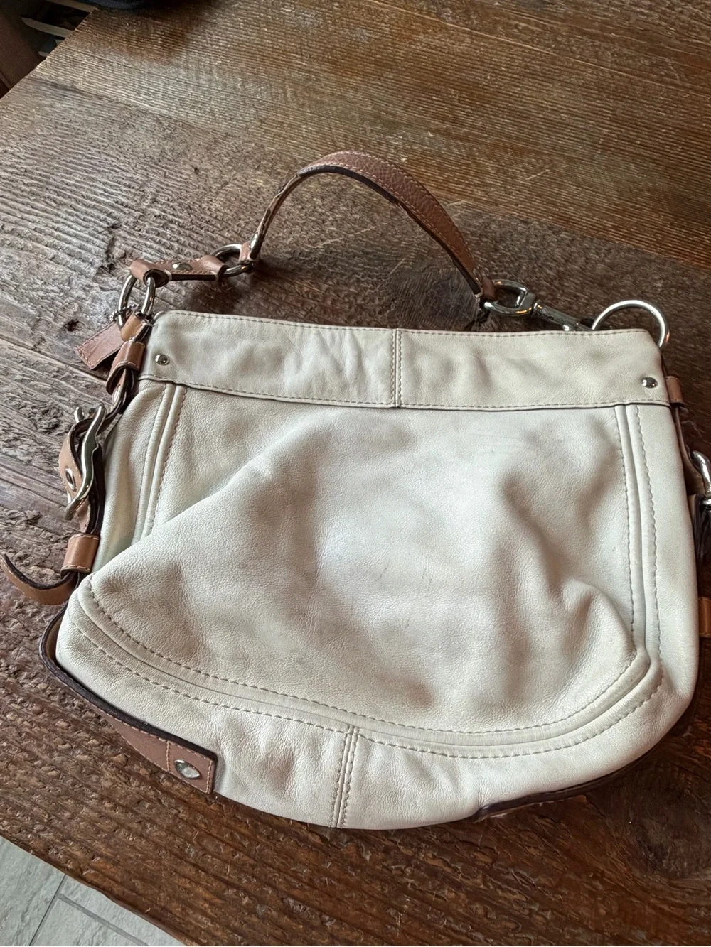 Vtg Coach Zoe Leather Hobo Shoulder Bag F12671 Cream Ivory Tan Silver Hardware